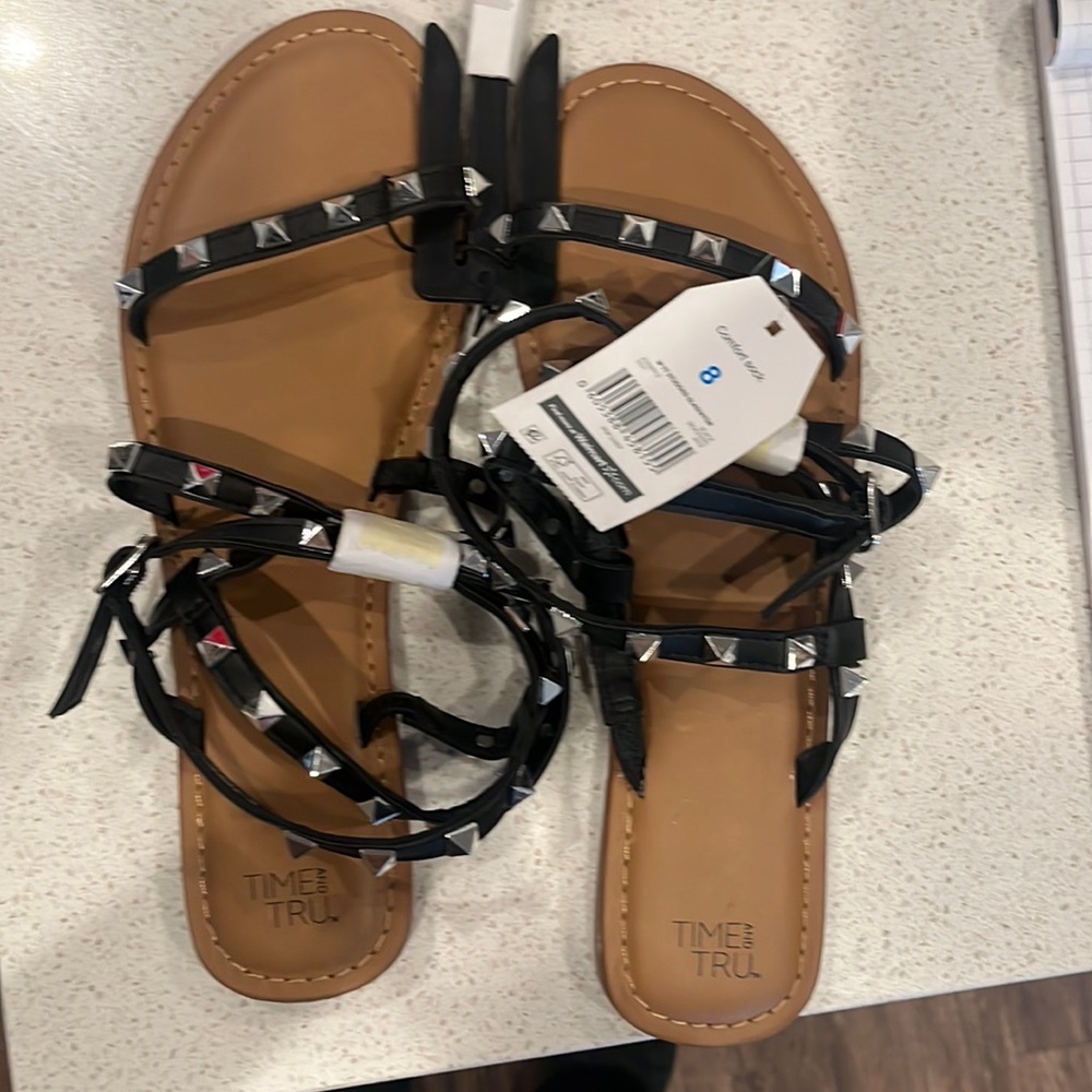 Silver Studded Ankle Wrap Flat Sandals Black 8 New with Tag